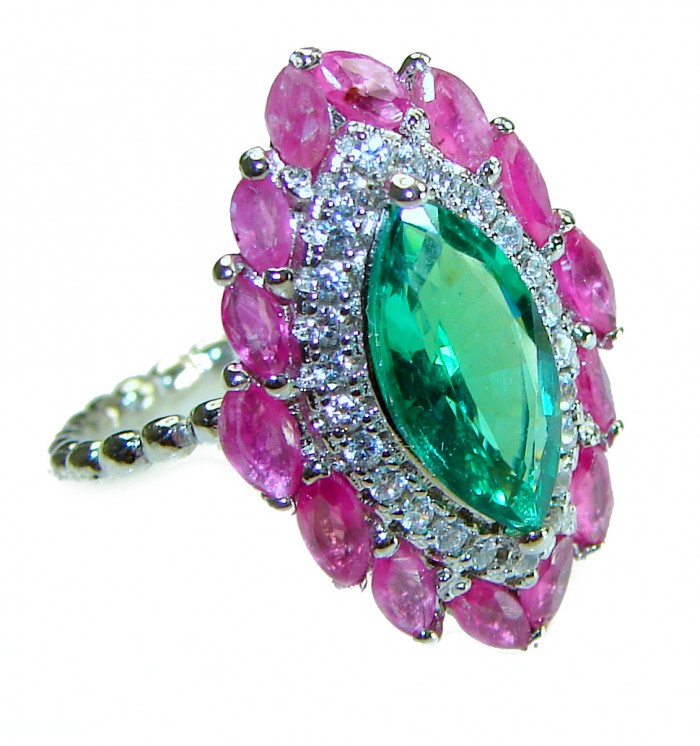 Marquise cut 4.8 carat Emerald Ruby .925 Sterling Silver handcrafted Ring size 5 1/2