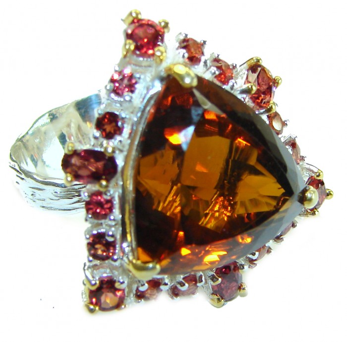 Alessandra trillion cut 22.5 carat Champagne Smoky Topaz .925 Sterling Silver Oversized Ring size 7 3/4