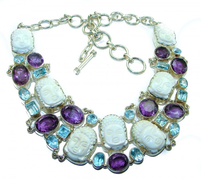 7 Faces New Bali Design Carved Ox Bone F.925 Sterling Silver Large Statement Necklace