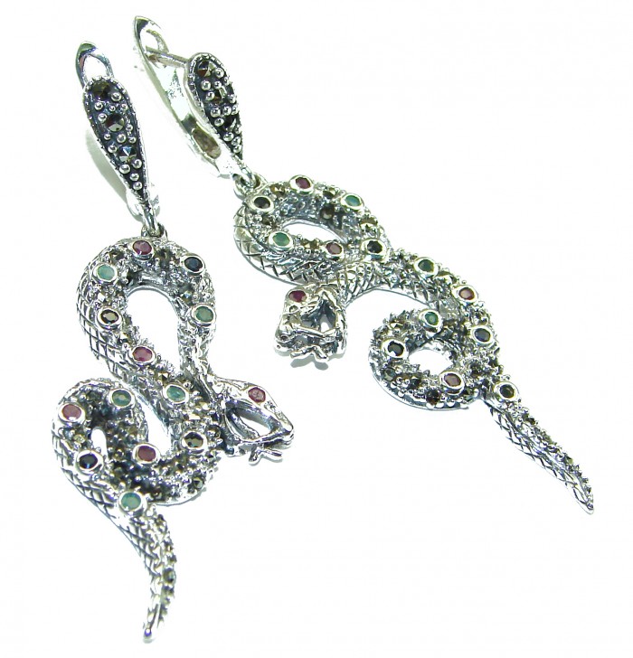 Snakes natural Sapphire marcasite .925 Sterling Silver Earrings