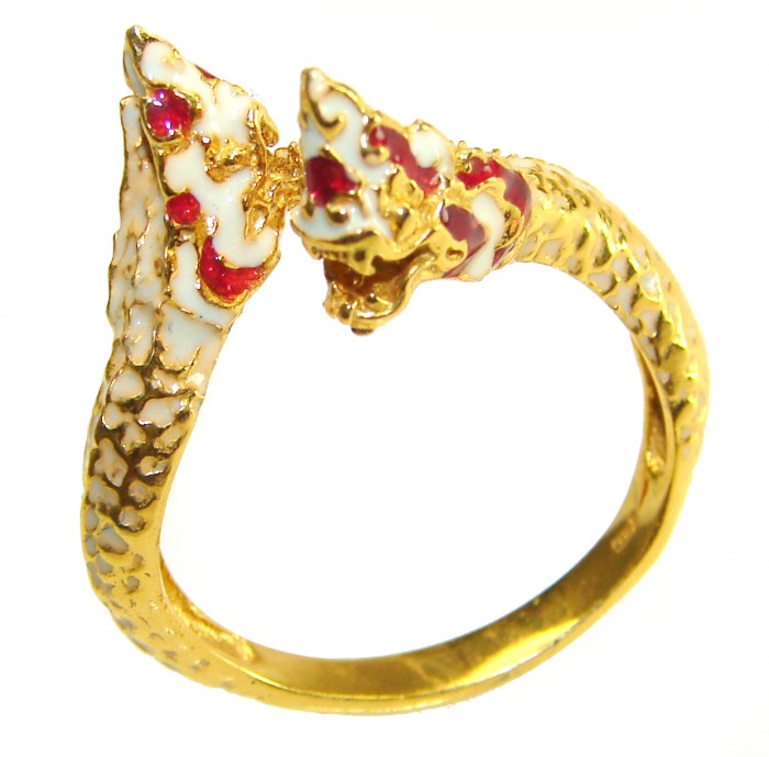 Two Dragons Ruby Enamel 14K Gold over .925 Sterling Silver ring s. 10