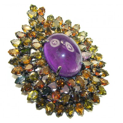 Vintage Design 35.6 carat Amethyst Tourmaline .925 Sterling Silver handcrafted Pendant & Brooch
