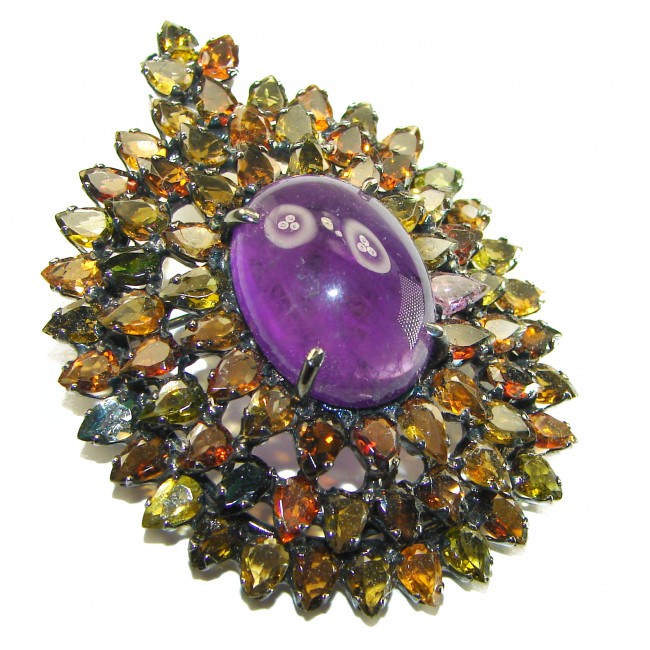 Vintage Design 35.6 carat Amethyst Tourmaline .925 Sterling Silver handcrafted Pendant & Brooch