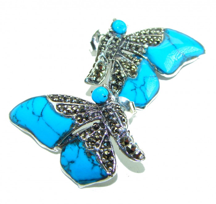 Blue Butterfly Precious natural Turquoise .925 Sterling Silver handcrafted Earrings