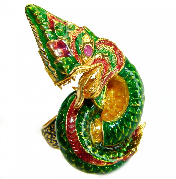 Large green Dragon - symbolizes supernatural power- Enamel Ruby 18K Gold over .925 Sterling Silver Huge handcrafted Ring s. 8 - video
