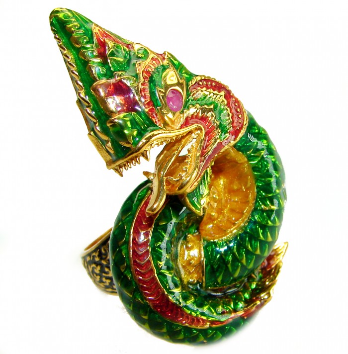 Large green Dragon - symbolizes supernatural power- Enamel Ruby 18K Gold over .925 Sterling Silver Huge handcrafted Ring s. 8