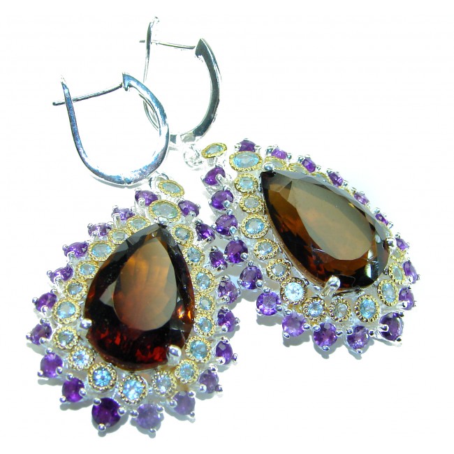 Alessandra pear cut 22.5 carat Champagne Smoky Topaz 14K Gold over .925 Sterling Silver handmade Earrings
