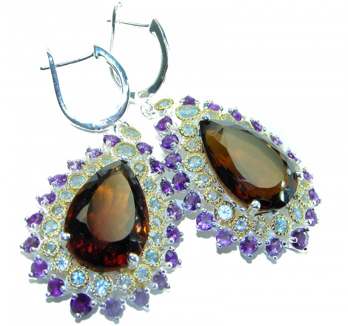 Alessandra pear cut 22.5 carat Champagne Smoky Topaz 14K Gold over .925 Sterling Silver handmade Earrings - video