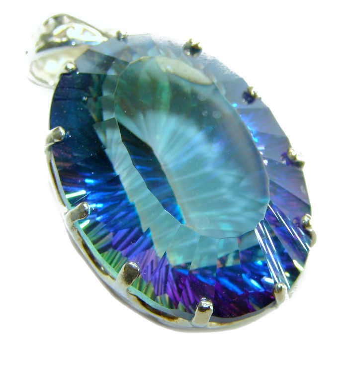 48.2 carat oval cut Mystic Aurora Topaz .925 Sterling Silver handcrafted Pendant