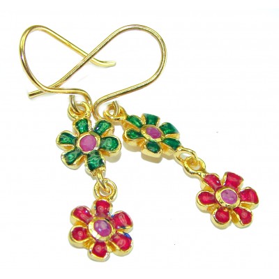 Golden Flowers Genuine Ruby Enamel 14K Gold over .925 Sterling Silver handcrafted Earrings