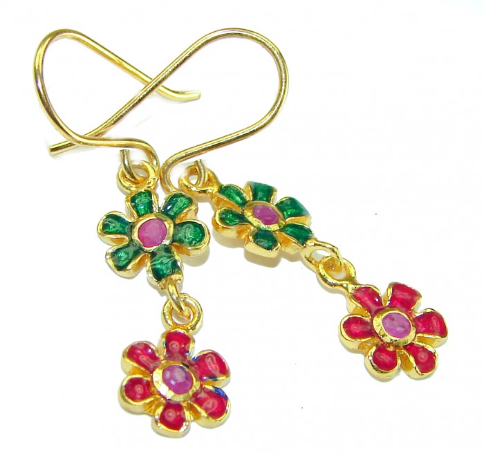 Golden Flowers Genuine Ruby Enamel 14K Gold over .925 Sterling Silver handcrafted Earrings
