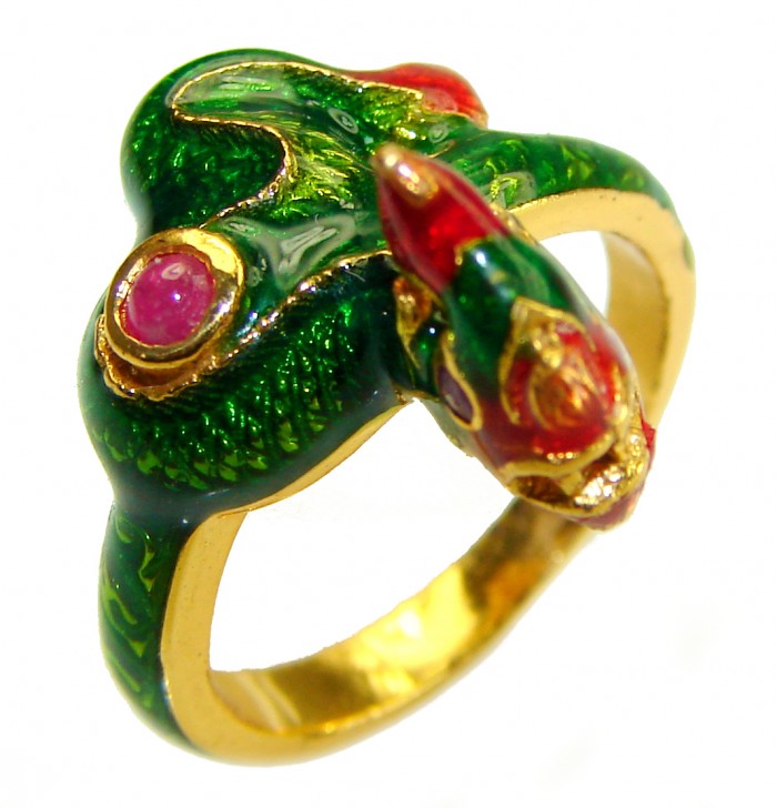 Green Snake Ruby Enamel 18K Gold over .925 Sterling Silver handcrafted Ring s. 6 3/4