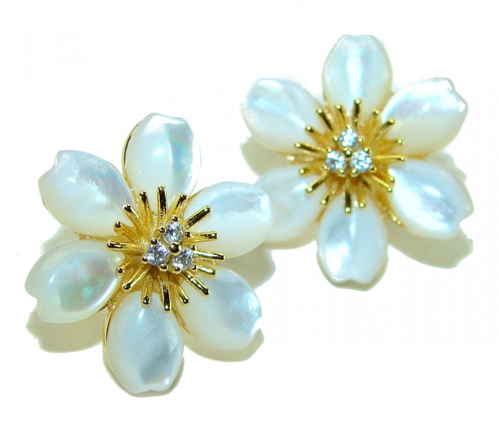 Genuine Blister Pearl lab grown Diamond 18K Gold over .925 Sterling Silver handcrafted Large Statement Earrings