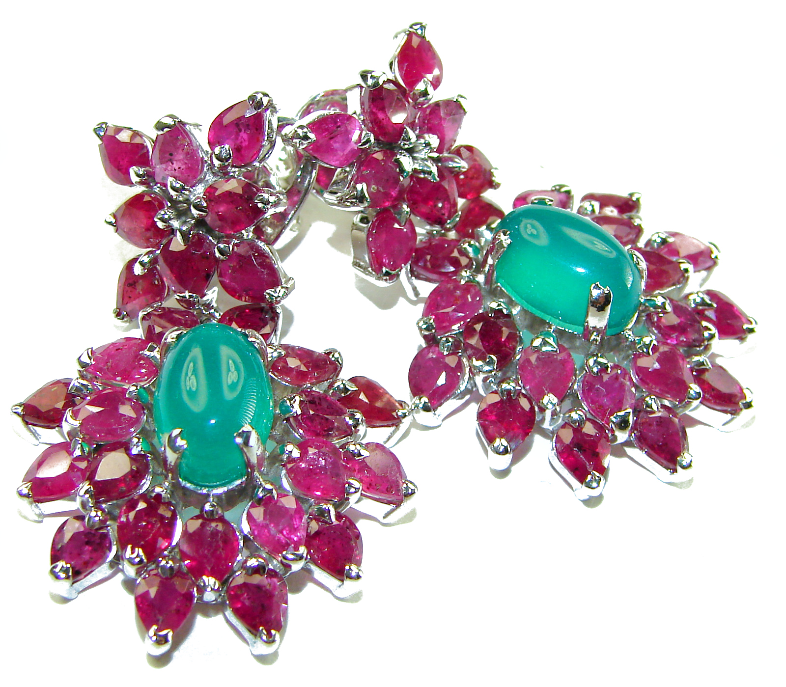 Victorian Style - Very Unique- 28.5 carat Green Jade Ruby .925 Sterling Silver handcrafted earrings