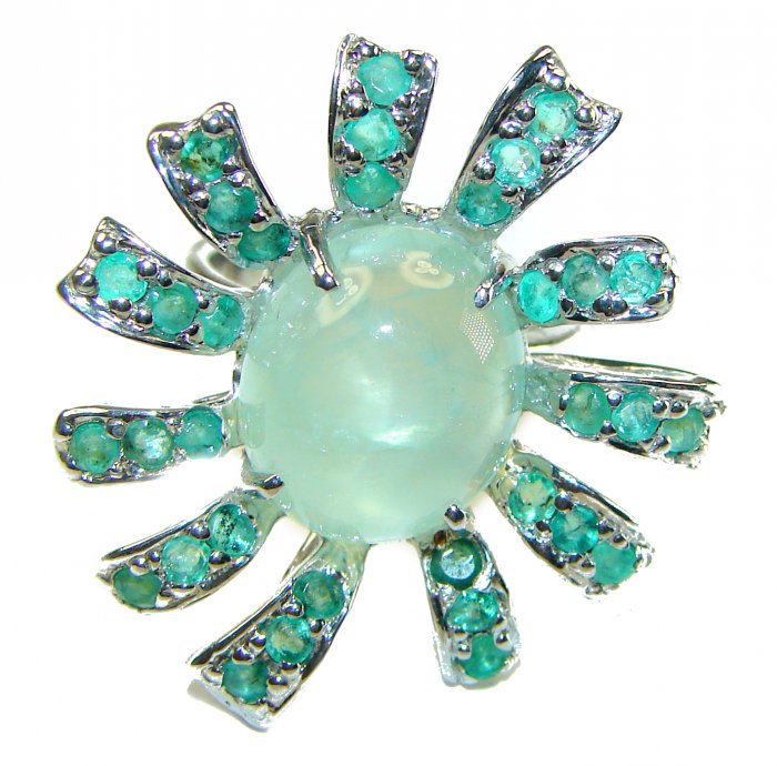 Large Marvelous Natural Moss Prehnite Emerald .925 Sterling Silver handmade ring s. 7 3/4 - video