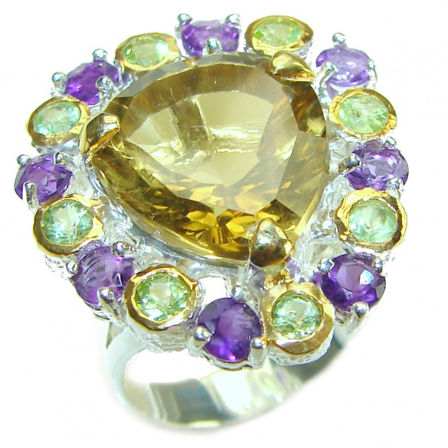 11.8 carat Genuine Lemon Quartz 14K Gold over .925 Sterling Silver handcrafted ring size 7 3/4