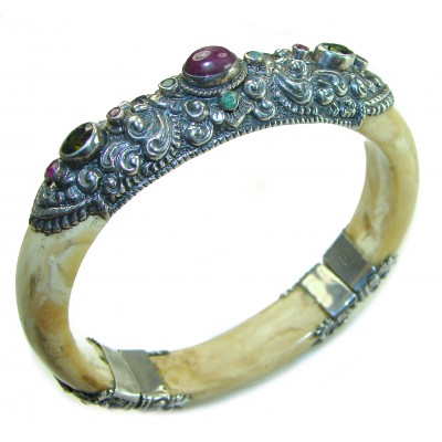 Authentic Buffalo Carved Bone 3.5 carat Ruby Amethyst .925 Sterling Silver handcrafted Bali Bracelet / Cuff