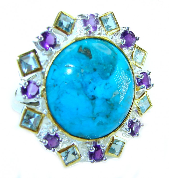 Authentic Parrot's Wing Chrysocolla 2 tones .925 Sterling Silver handcrafted ring size 8 1/4
