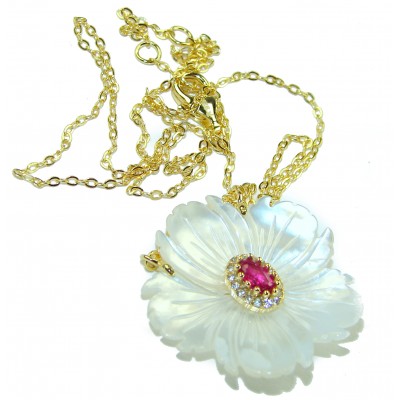 Floral Design Ruby carved Blister Pearl 14K Gold over .925 Sterling Silver Necklace