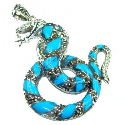 Blue Cobra Snake inlay Turquoise .925 Sterling Silver handcrafted Pendant