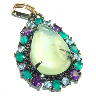 Genuine Prehnite black rhodium over .925 Sterling Silver handcrafted Pendant