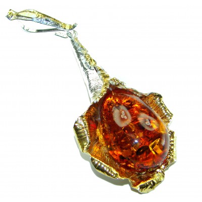 Masterpiece Golden Natural Baltic Amber 14K Gold over .925 Sterling Silver handmade Pendant