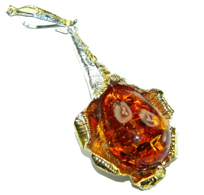 Masterpiece Golden Natural Baltic Amber 14K Gold over .925 Sterling Silver handmade Pendant