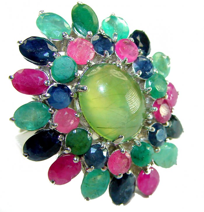 Incredible 45.5 carat Prehnite Ruby Emerald Sapphire . 925 Sterling Silver Ring s. 7 - video