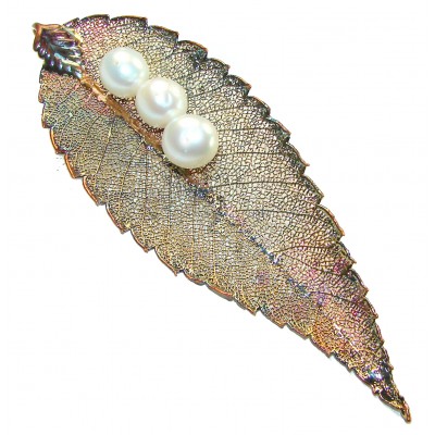 Long! REAL Leaf dipped in Sterling Silver and Gold with Pearls and 14K Gold & .925 Sterling Silver Pendant