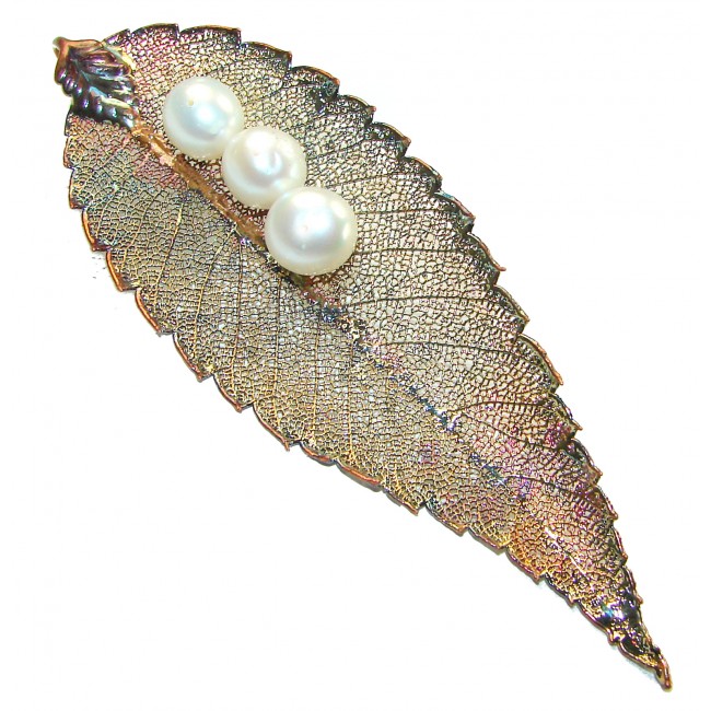 Long! REAL Leaf dipped in Sterling Silver and Gold with Pearls and 14K Gold & .925 Sterling Silver Pendant