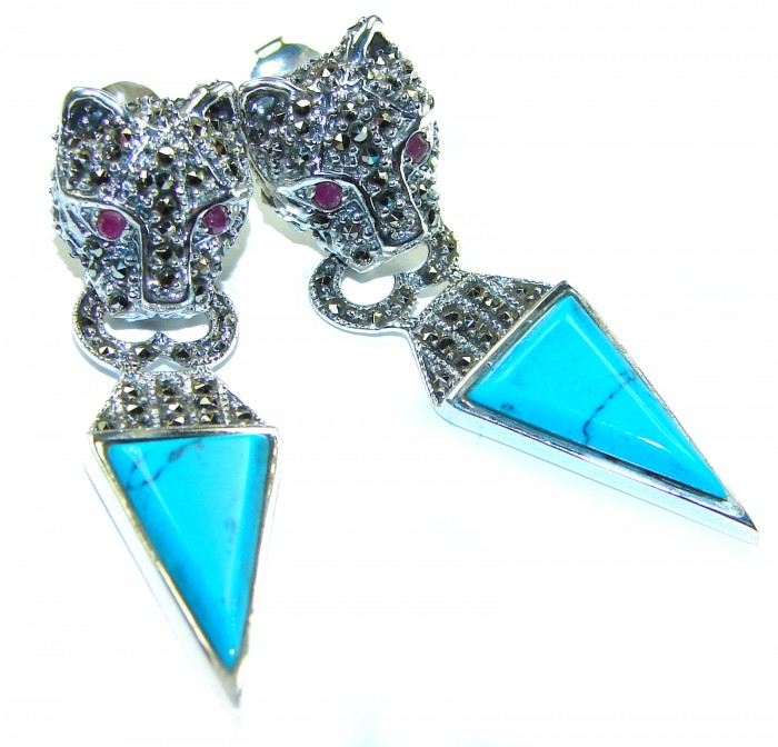Spectacular Blue Panthers inlay Turquoise .925 Sterling Silver handcrafted Earrings