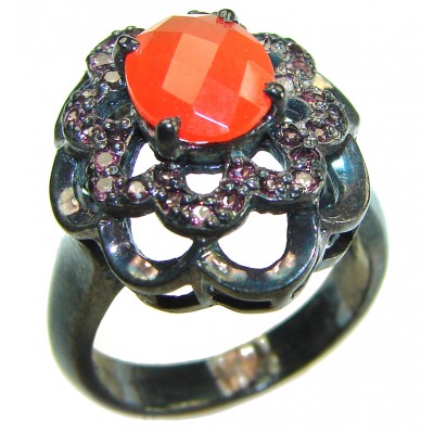 Orange Power natural 4.8 carat Carnelian black rhodium over .925 Sterling Silver handmade ring s. 8