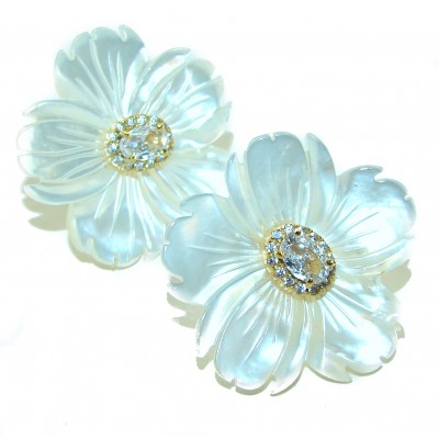 Genuine Blister Pearl 0.2 carat lab grown Diamond 18K Gold over .925 Sterling Silver handcrafted Statement Earrings