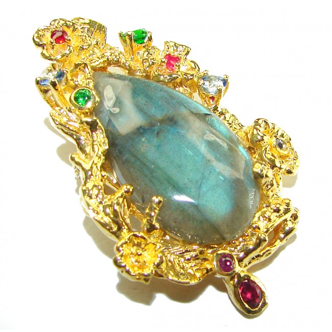 Magical Aurora 38.5 carat Fire Labradorite 2 tones .925 Sterling Silver handcrafted Pendant Brooch