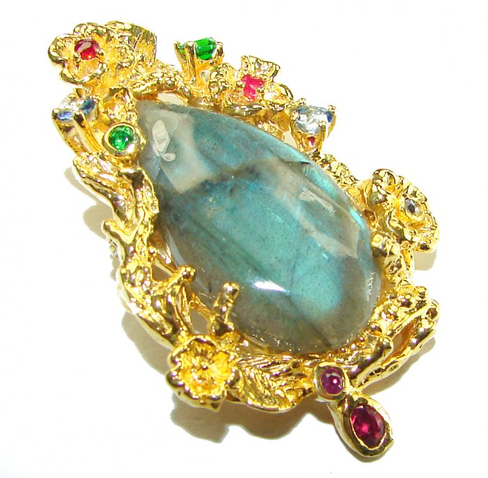 Magical Aurora 38.5 carat Fire Labradorite 2 tones .925 Sterling Silver handcrafted Pendant Brooch - video