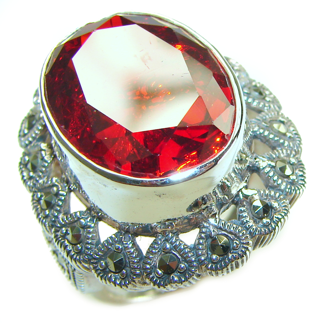 Red Passion 32.5 carat Red Topaz .925 Silver handcrafted Statement Ring s. 8