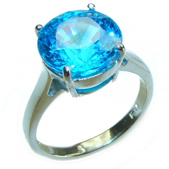 6.5 carat Fancy round cut Swiss Blue Topaz .925 Sterling Silver handmade Ring size 7 3/4