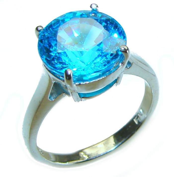 6.5 carat Fancy round cut Swiss Blue Topaz .925 Sterling Silver handmade Ring size 7 3/4