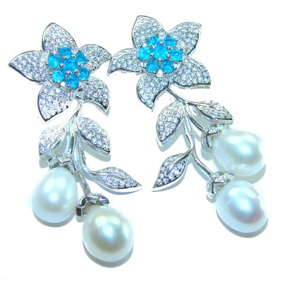 Precious white freshwater Pearl Apatite .925 Sterling Silver handcrafted earrings