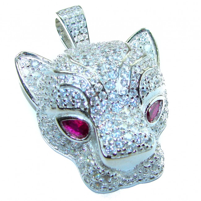 Precious Wild Cheetah 29.8 carat White Sapphire Ruby .925 Sterling Silver handmade Pendant