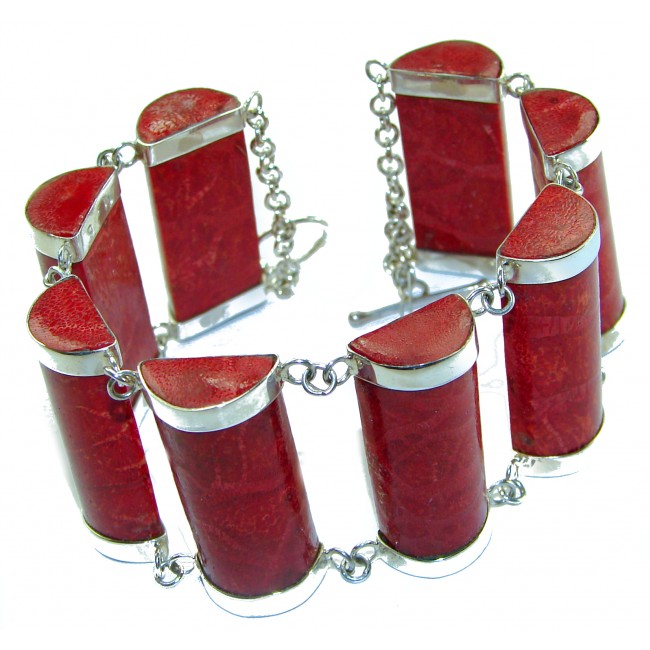 Precious Red Fossilized Coral .925 Sterling Silver handcrafted Large Bali Bracelet