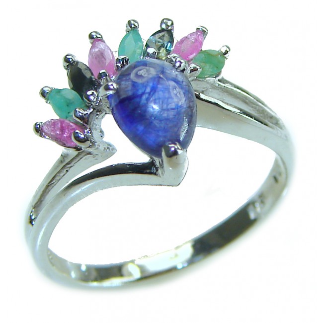 Deep Ocean 2.5 carat Sapphire .925 Sterling Silver handmade Statement Ring size 8 3/4