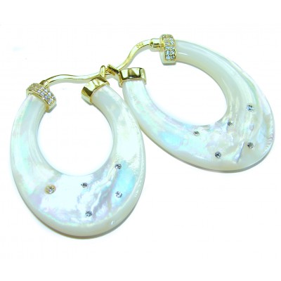 Genuine Blister Pearl 0.2 carat lab grown Diamond 18K Gold over .925 Sterling Silver handcrafted Statement Earrings