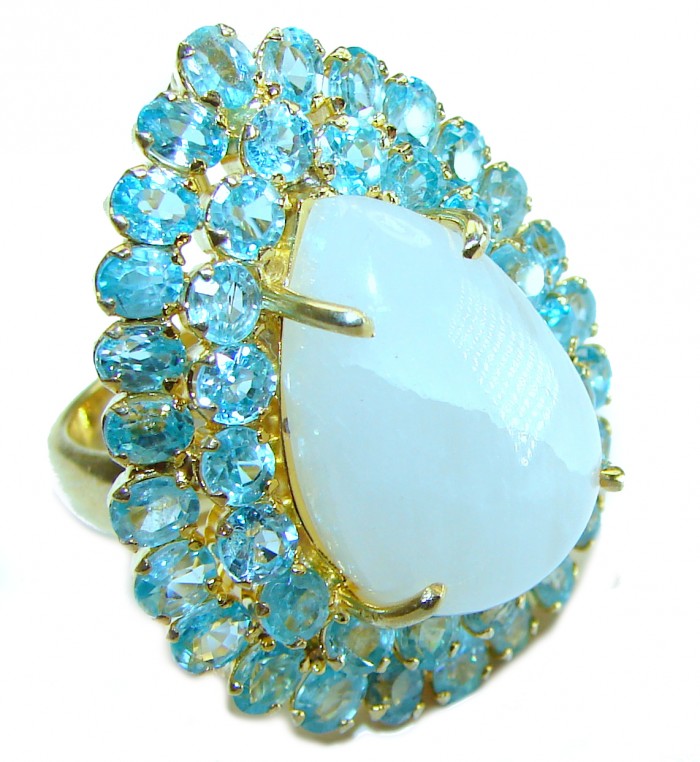 Moonlight Huge - 55.8 carat Rainbow Moonstone 14K Gold over .925 Sterling Silver handmade Statement Ring size 6 1/4
