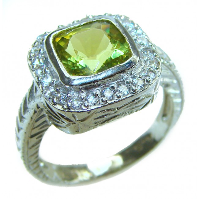 Alessia authentic cushion cut 4.9 carat Peridot .925 Sterling Silver handmade Ring s. 7