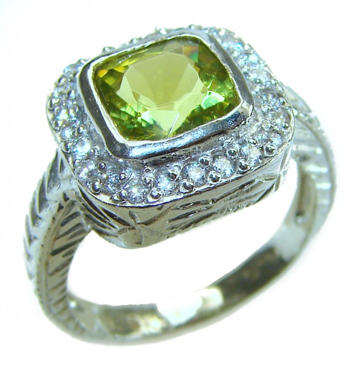 Alessia authentic cushion cut 4.9 carat Peridot .925 Sterling Silver handmade Ring s. 7
