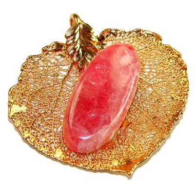 Stylish REAL Leaf Coved with Sterling Silver and 14K Gold Rhodochrosite & .925 Sterling Silver Pendant