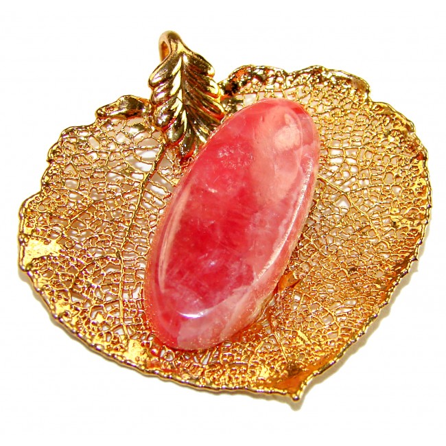 Stylish REAL Leaf Coved with Sterling Silver and 14K Gold Rhodochrosite & .925 Sterling Silver Pendant