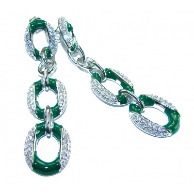 5.5 carat White Sapphire green enamel .925 Sterling Silver handcrafted Chain earrings