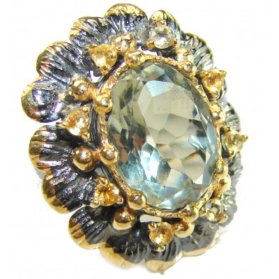Green Royalty authentic 15.5 carat Green Amethyst black rhodium 2 tones .925 Sterling Silver handcrafted Ring s. 7